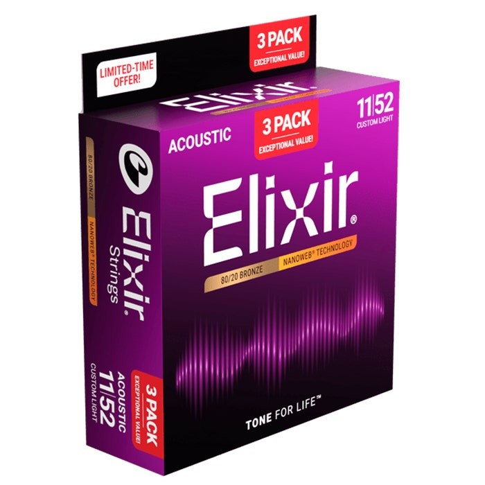 Elixir 3-Pack 80/20 Bronze NANOWEB Acoustic Guitar Strings, Custom Light 11-52