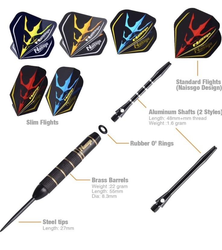 6 Piece 2 Color Steel Tip Dart Set, Case, Sharpener, Key