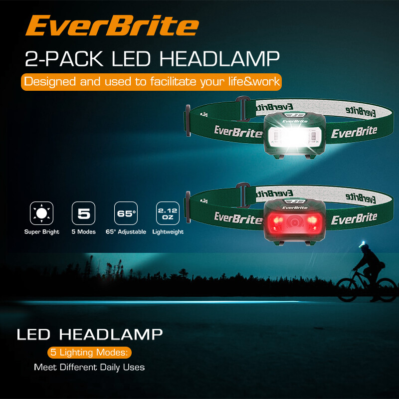 EverBrite 2-Pack LED Headlamp 5 Lighting Modes Adjustable with 6 AAA Batteries