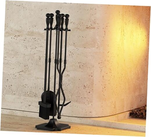5 Pcs Fireplace Tools Sets Heavy Duty Wrought Iron Large Fire Tool Set and