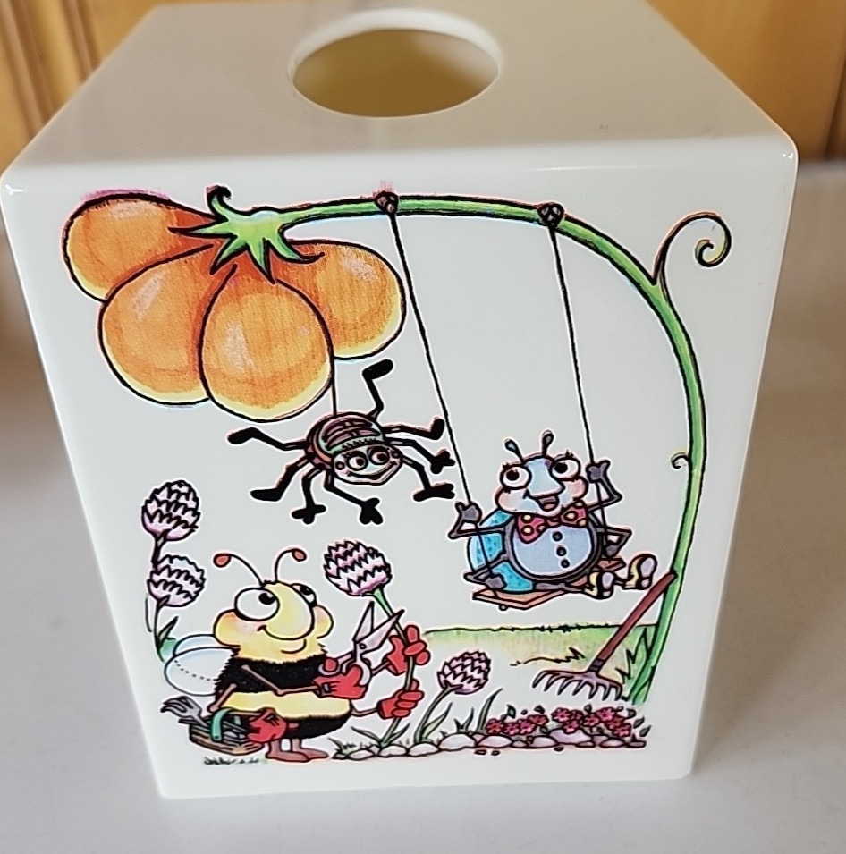Vintage Whimsical Bugs & Flowers Plastic Square Tissue Cover Box
