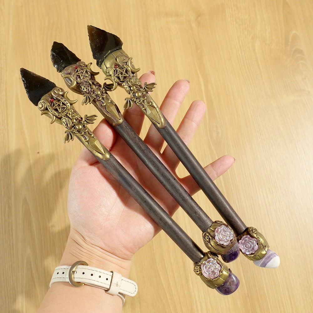 1Pc Natural Obsidian Amethyst Magic Wand Brass Pentacle Wiccan Witch Ritual