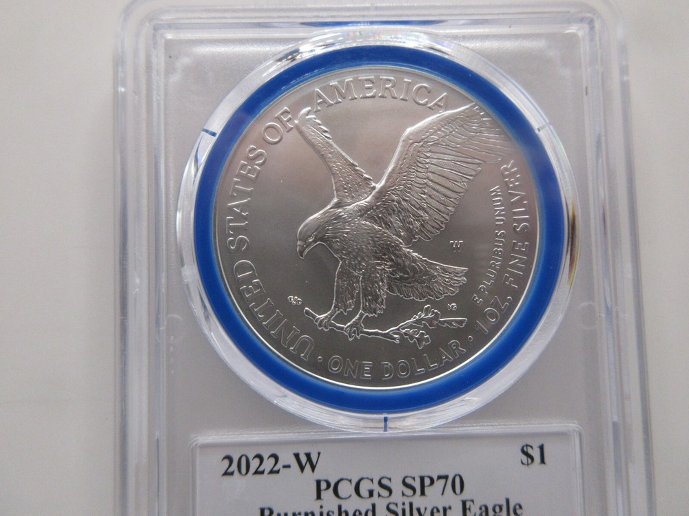 2022-W Burnished Silver Eagle Advanced Release; Mint Designer Damstra PCGS SP70