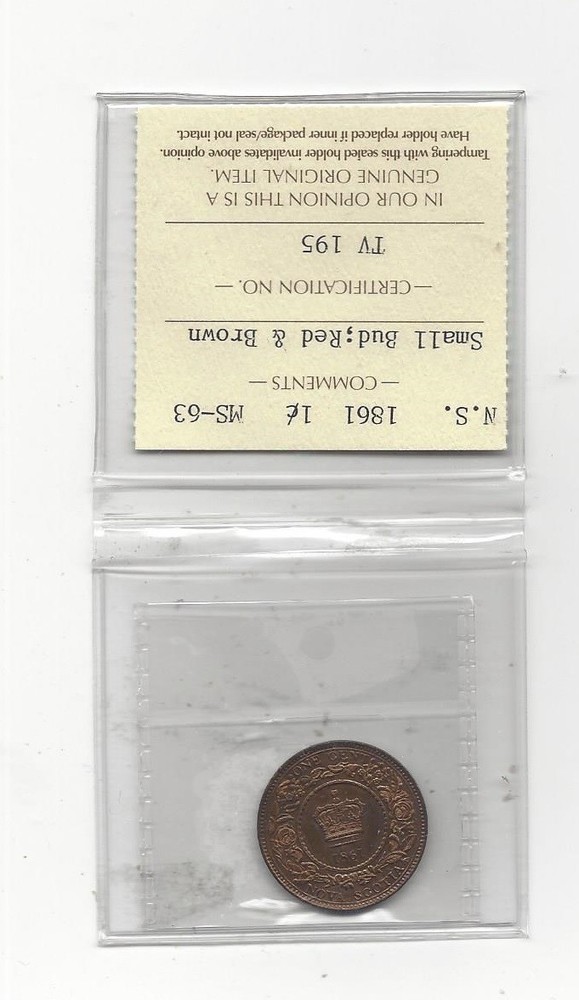 1861 Nova Scotia, 1 Cent Sm. Bud, ICCS Graded, **MS-63**