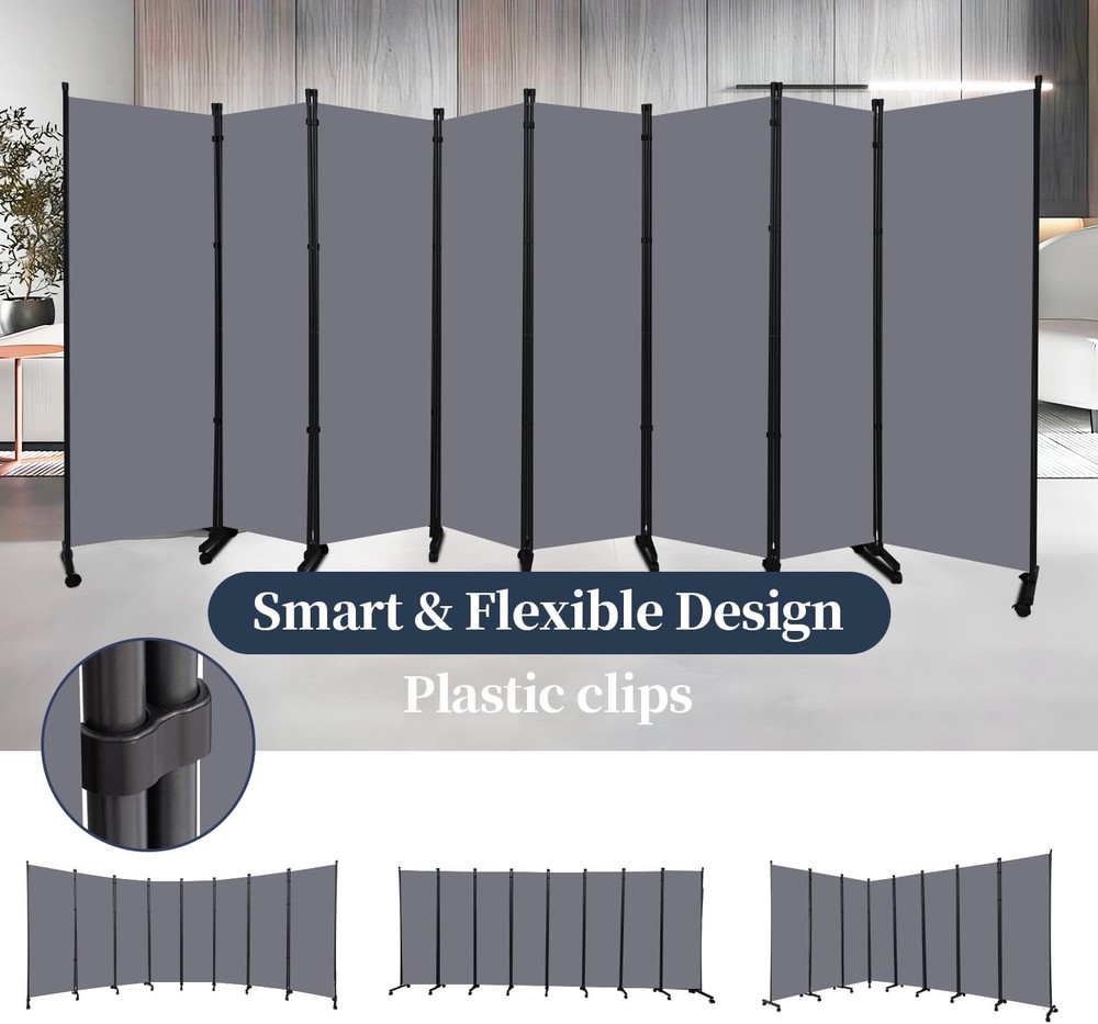 Folding Room Divider with Lockable Wheels - 176'' Privacy Screen Panel