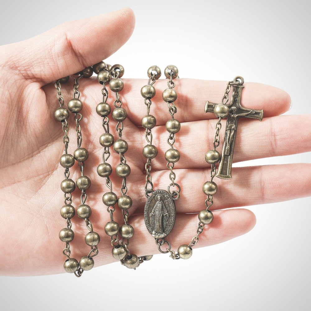 Bronze Beads Rosary Beaded Necklace Miraculous Medal WW2 Design and Jesus Cross