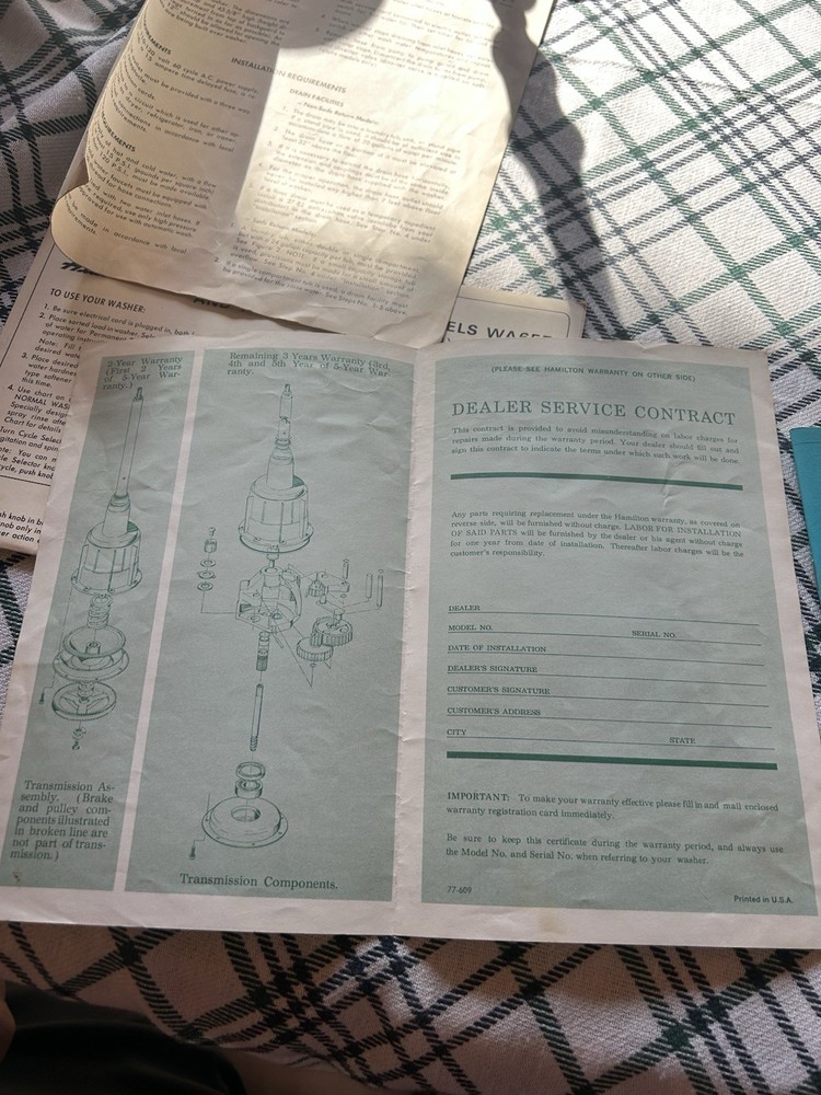 Vintage Hamilton Washing Machine Paperwork- WA657 / WS657