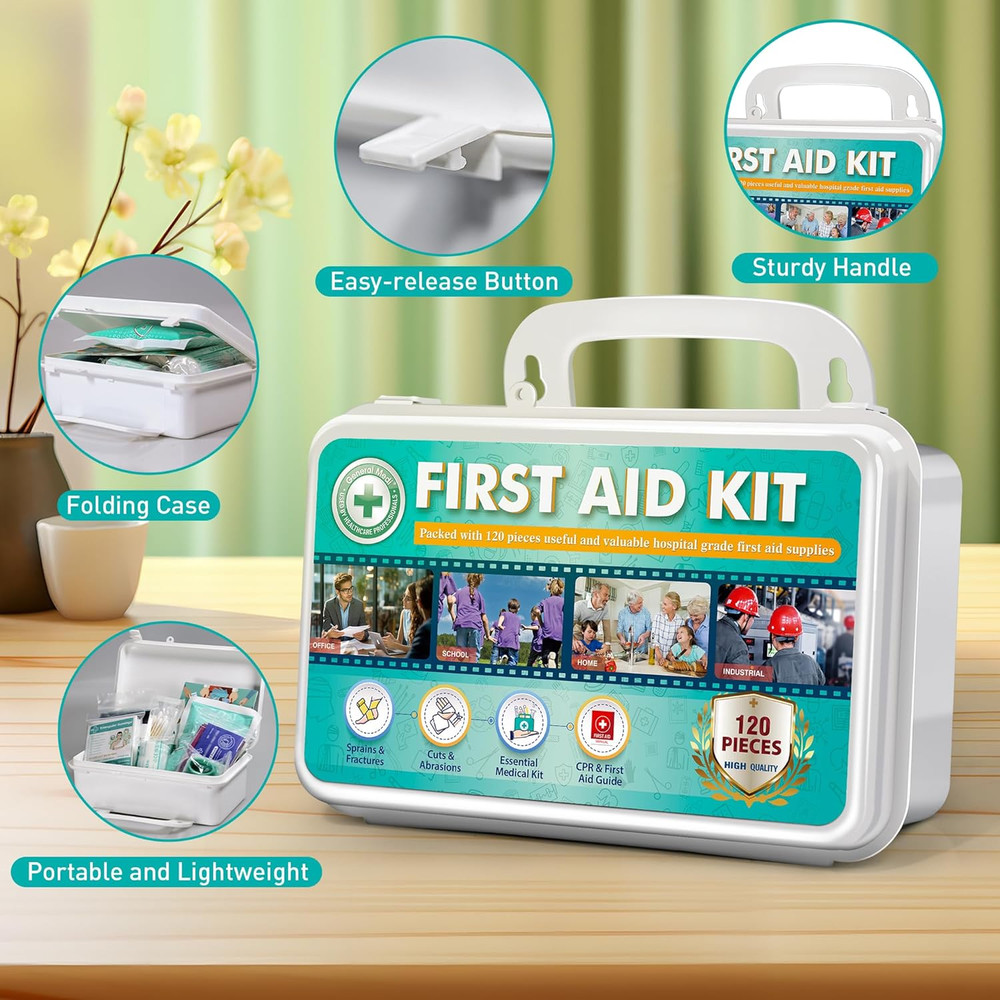 120 Pieces First Aid Kit - First Aid Box Includes Instant Cold Pack, Blanket