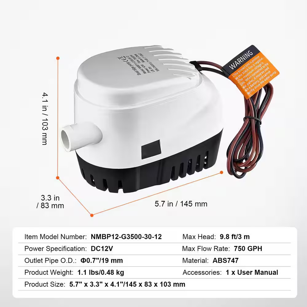 Bilge Pump 1/7 HP 12-Volt Automatic Submersible Utility Pump with Float Switch 0