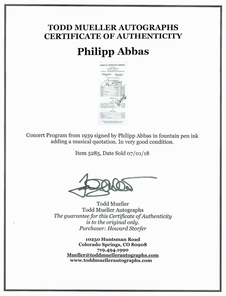 “Renowned Dutch Cellist" Philip Abas Signed program W/ Musical Quotation COA