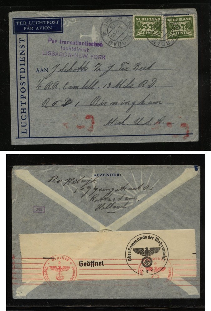 Netherlands   German censor cover to  US   1941       MS0103