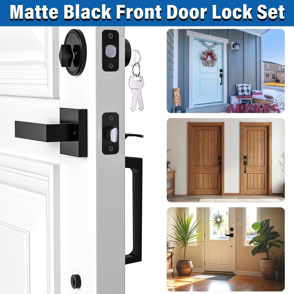Matte Black Front Door Handle and Single Cylinder Deadbolt Combo Set,