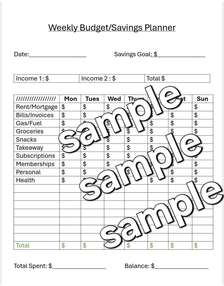 Weekly Budget Savings Planner Digital Print