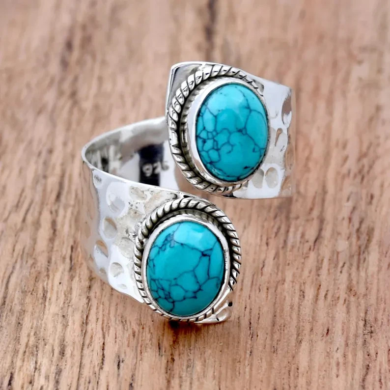 Adjustable Turquoise Ring: Hammered 925 Sterling Silver Statement Ring All Size