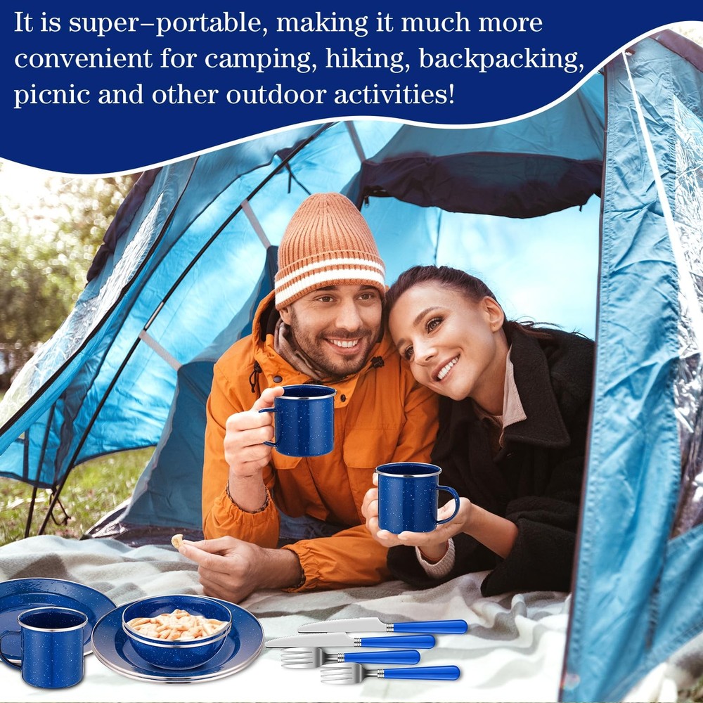 12 Pcs Enamel Camping Tableware Set Dinnerware Kit Includes 12 oz Coffee Mugs...