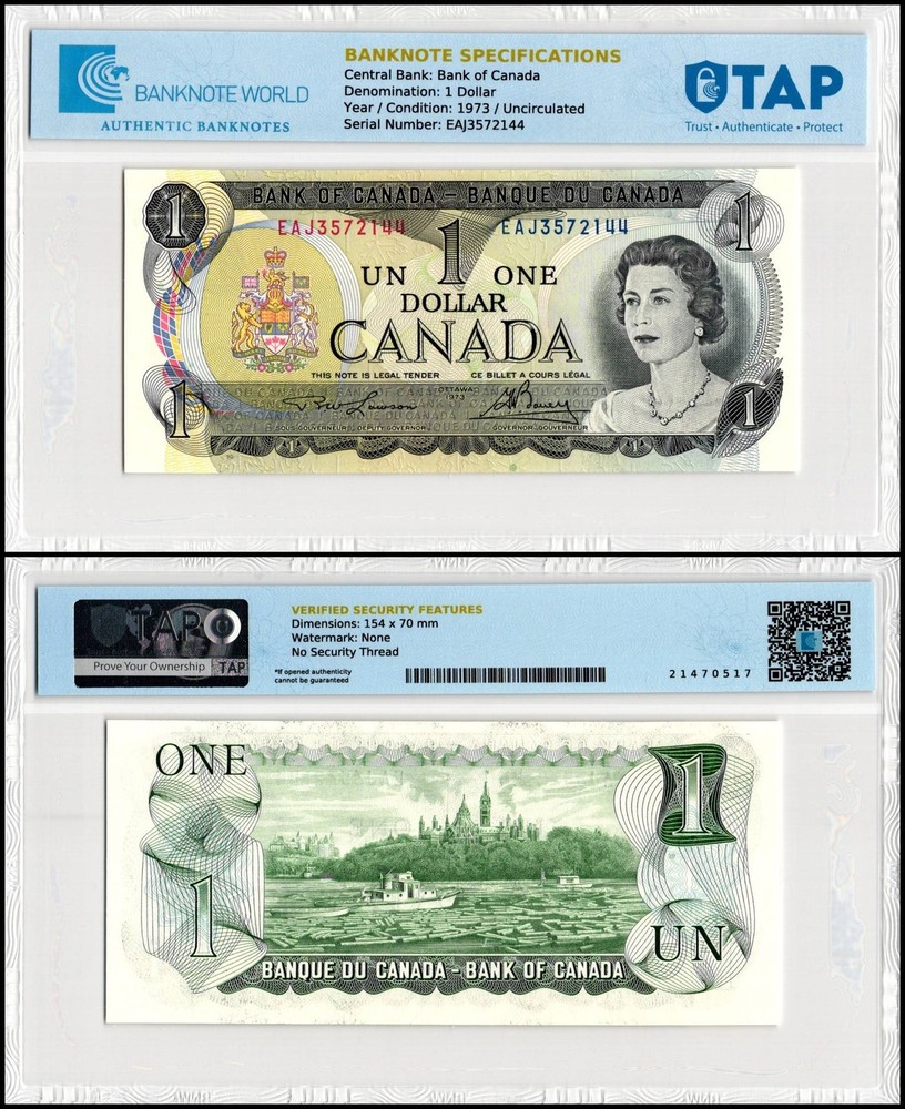 Canada 1 Dollar, 1973, P-85b, UNC, TAP Authenticated