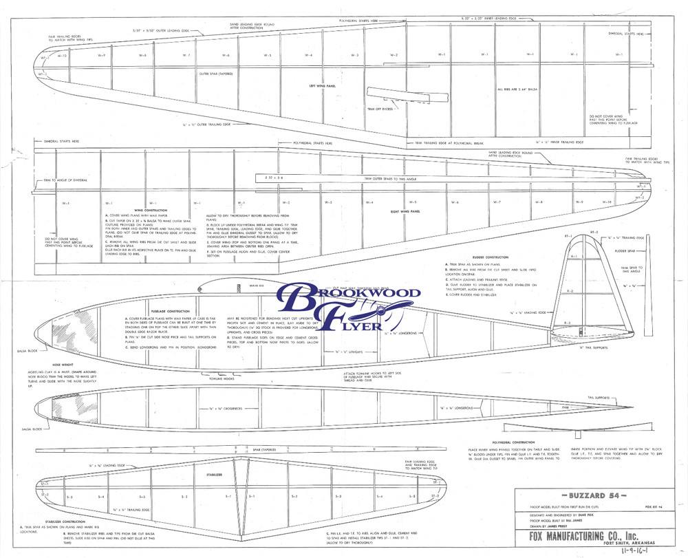 Duke Fox BUZZARD 54 TOW-LINE GLIDER PLAN + RIB PATTERNS for 54" Span Sailplane