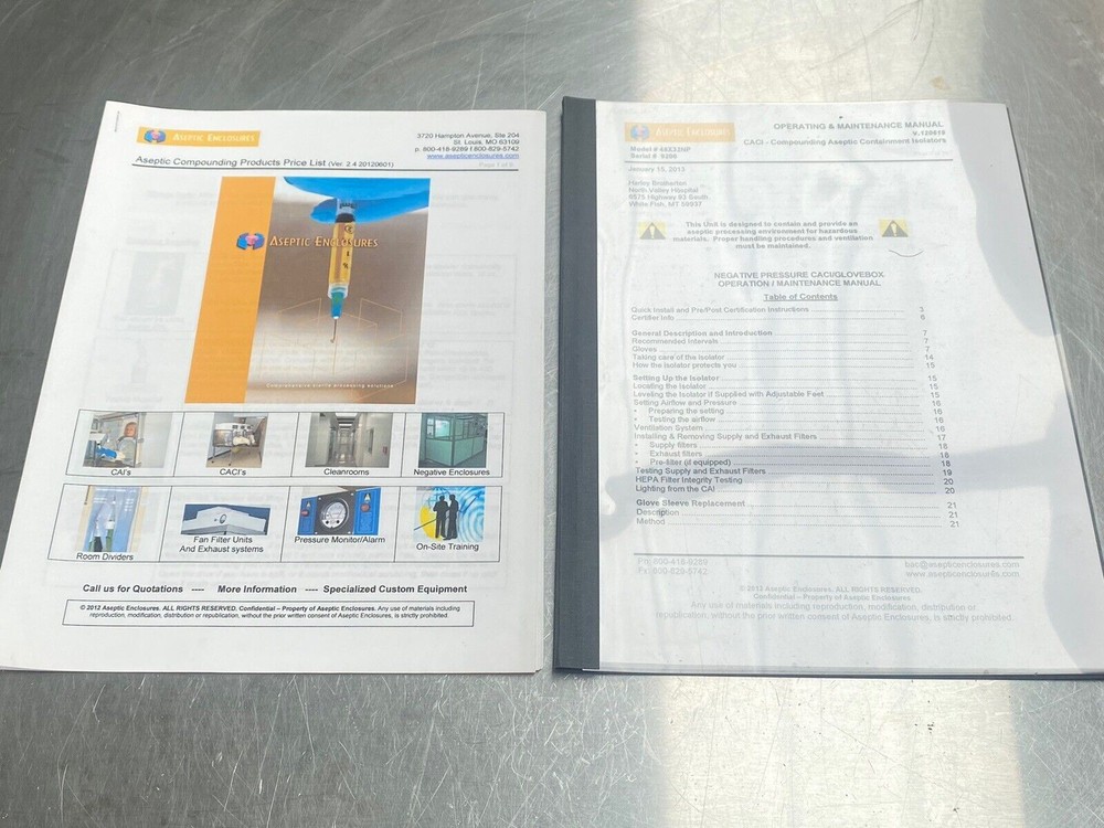 Aseptic Enclosures - Users Manual / Instructions Book