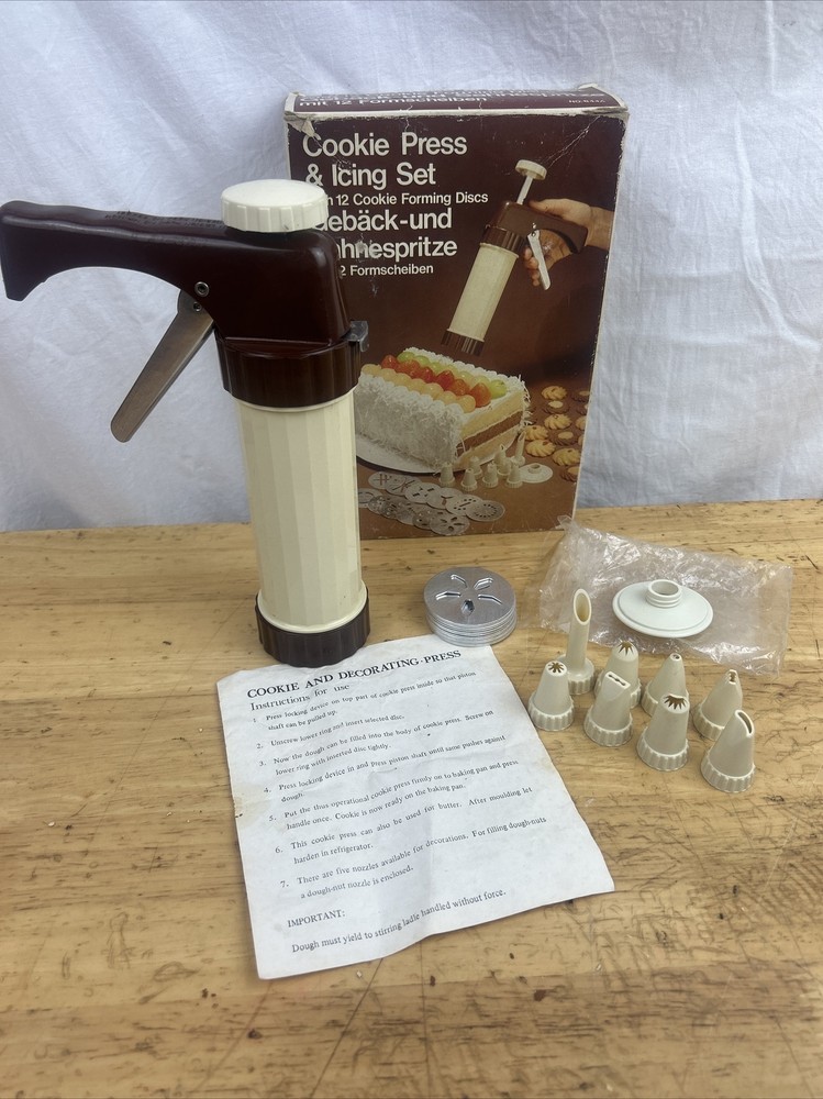 Cookie Press & Icing Set Vintage Klasse x12 discs 8 Nozzles, Instructions