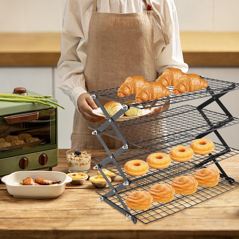 4-Tier Collapsible Cooling Rack with Adjustable 3 Setting, Wire Cooling Roast...
