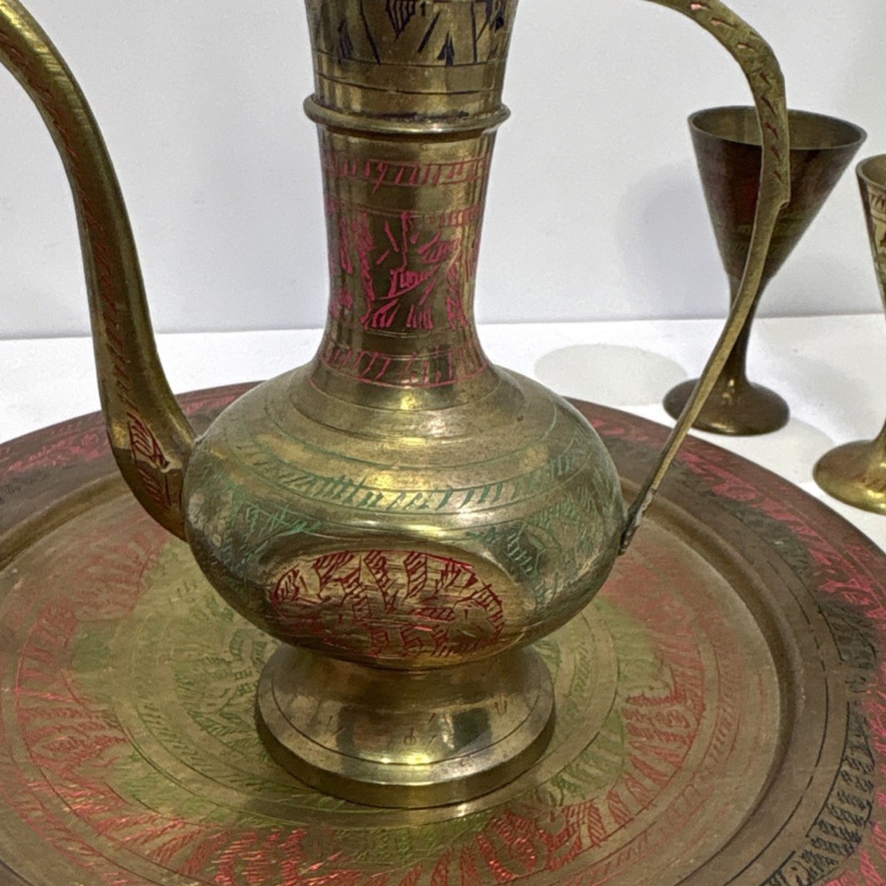 Middle Eastern Brass Coffee Set with Tray, 6 Engraved Colored Goblets, Handmade