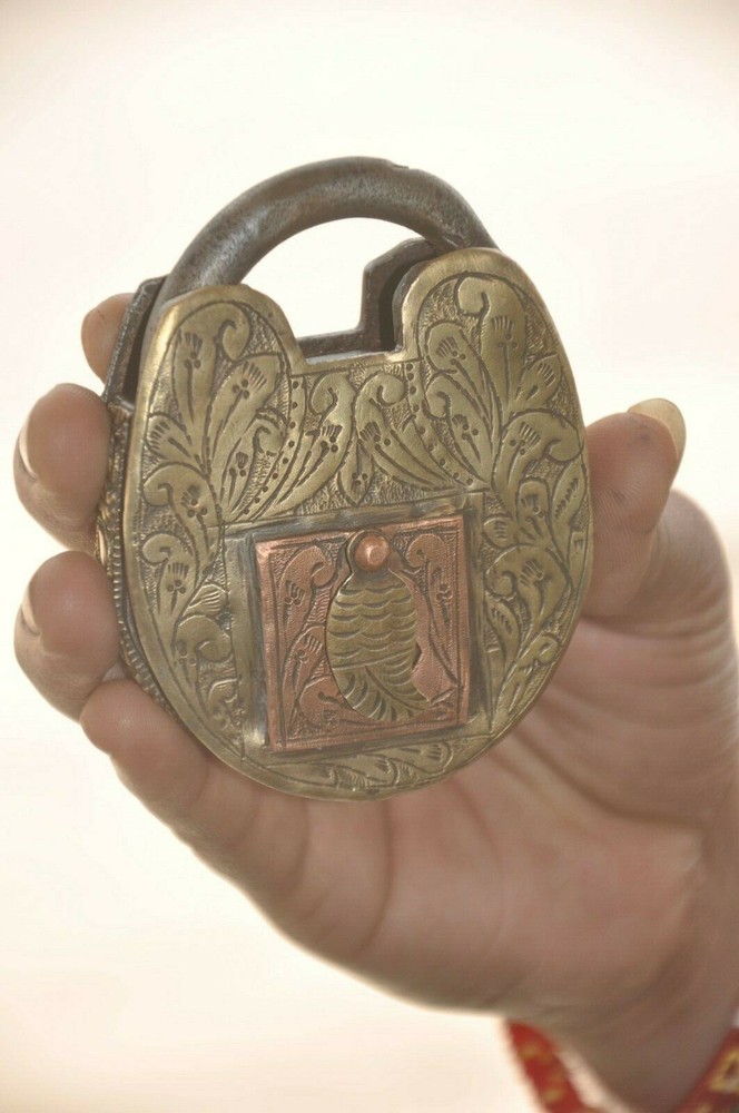 Vintage Iron Handcrafted Brass & Copper Fitted Engraved Solid Heavy Padlock