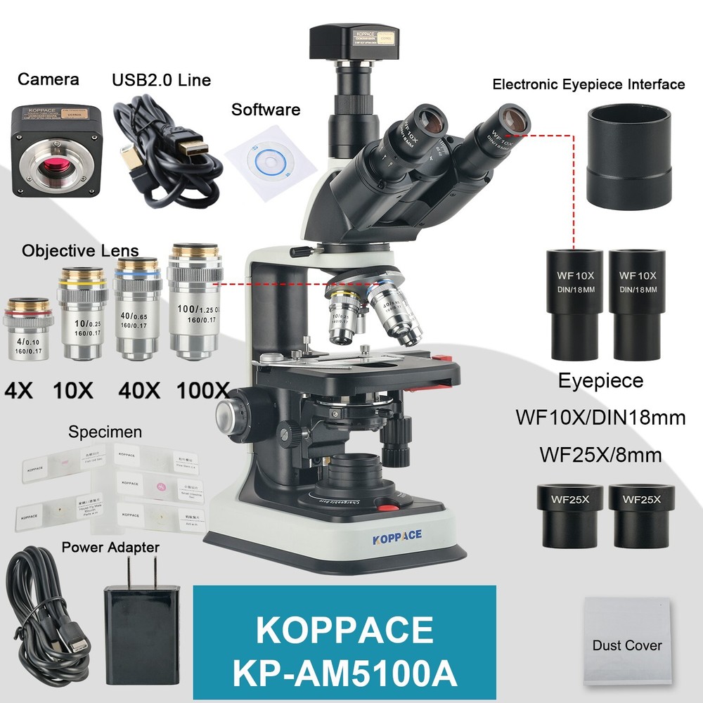 KOPPACE 40X-2500X Electron Biological Microscope 5 Million Pixels USB2.0 Camera
