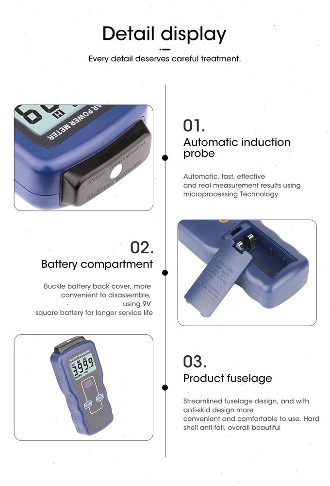 Handheld Solar Power Meter with Range 0.1-1999.9 W/m² Error Range ± (10%R+2dgts)
