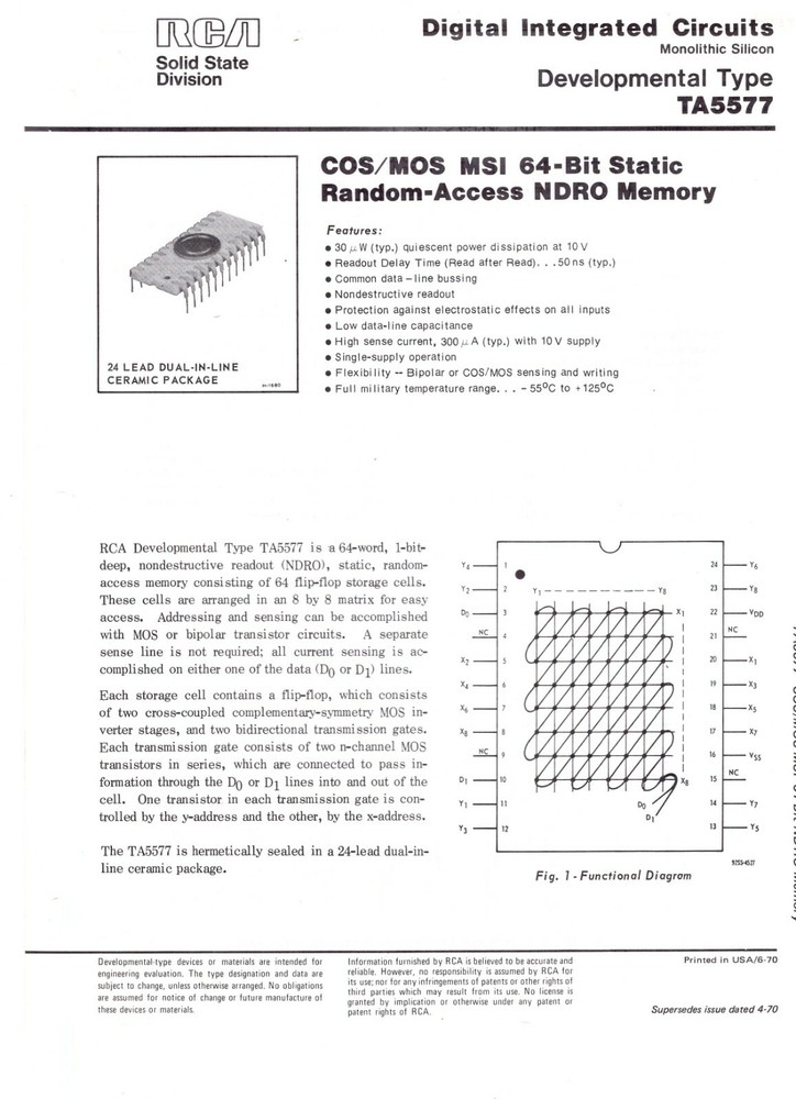 RCA Digital Integrated Circuits TA5577 COS/MOS MSI 64-Bit Static Random Access