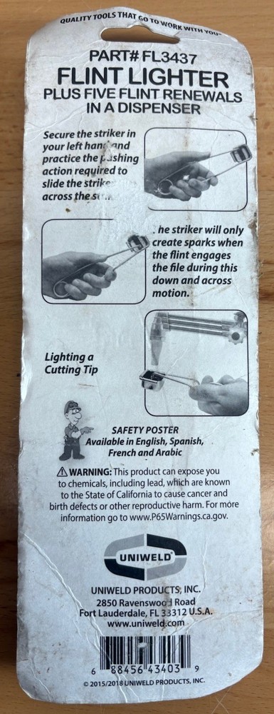 Uniwield Flint Torch Lighter with 5 Replacement Flints. NIP. Wielding Tool.