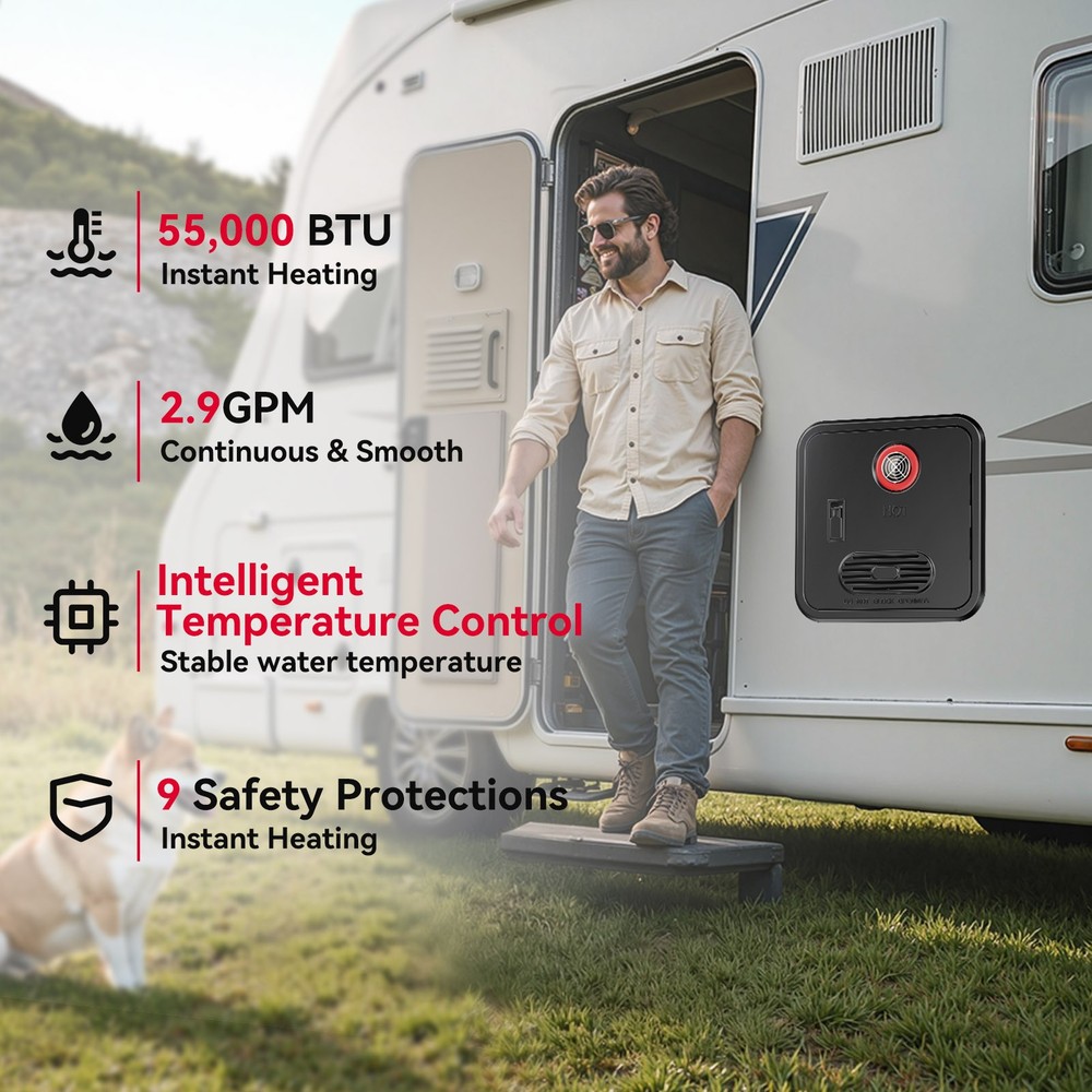RV Tankless Water Heater Instant Hot Water System 55,000 BTU 2.9GPM with Remote
