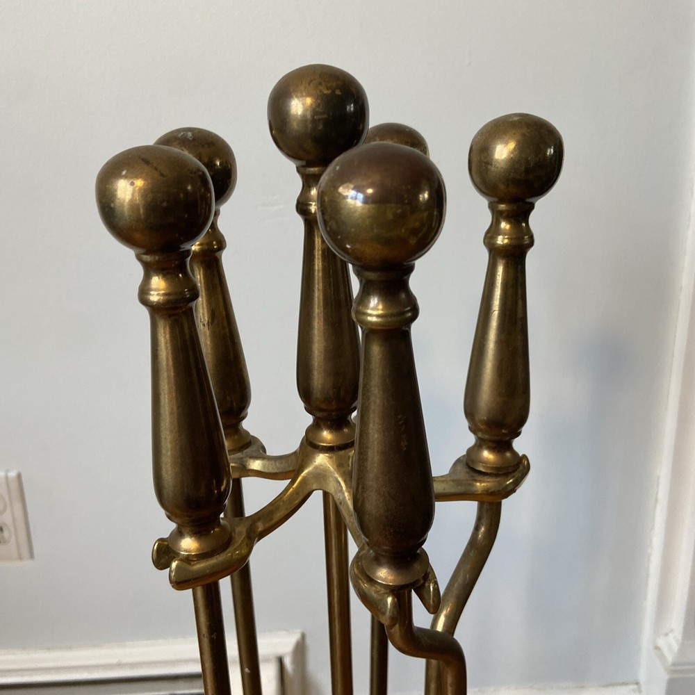 Antique Brass Fireplace Tools And 21” Brass Andirons