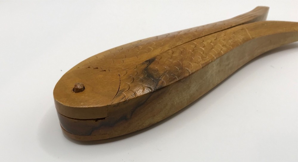 VTG Hand Carved Solid Wood Fish Shape Double Nut Cracker 8" Decorative Textured