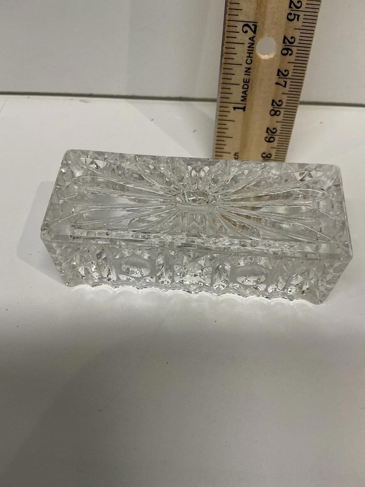 Vintage Cut Glass Toothpick Holder Rectangular Starburst Pattern