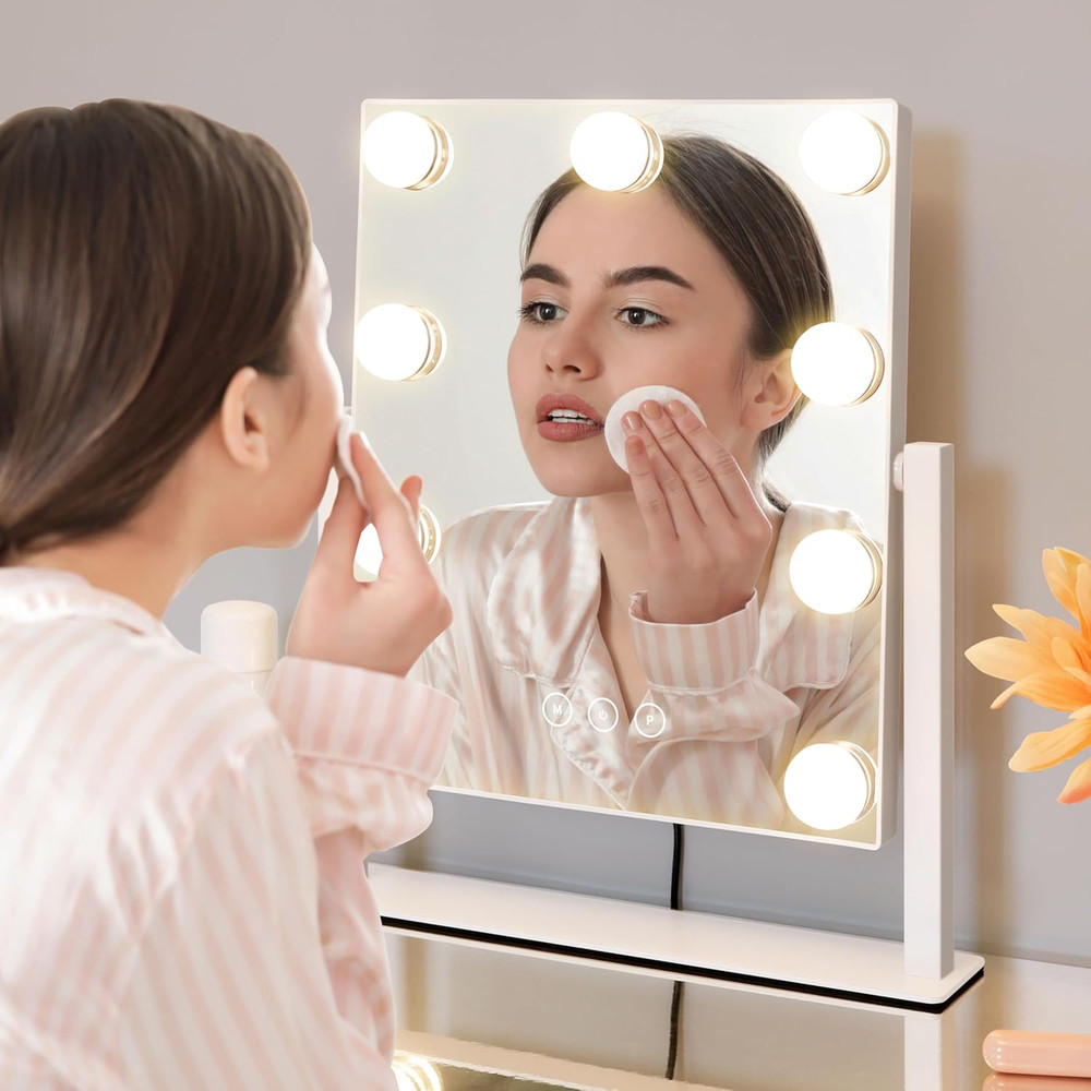 Lighted Vanity Mirror with 9 Dimmable Bulbs and 10X Magnification, White