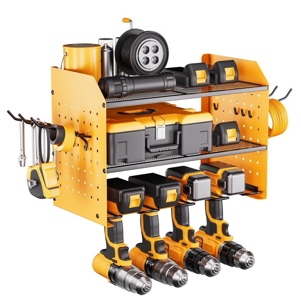 Power Tool Organizer Wall Mount, 3-Layer Drill Holder with 2 Side Pegboards, ...