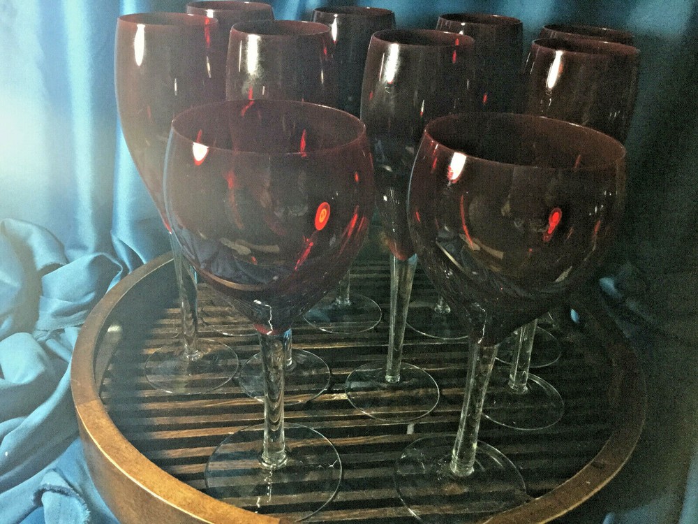 two ruby Red Clear stem handblown water wine goblets Glasses 9 3/4'' exc