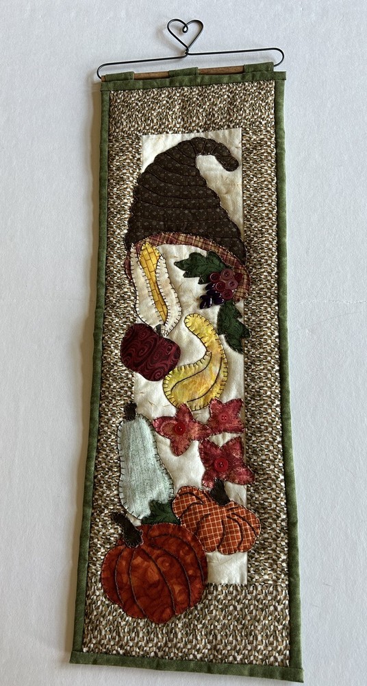 Hand Stitched Details On Fabric Fall Wall Hanging Cornucopia With Squash