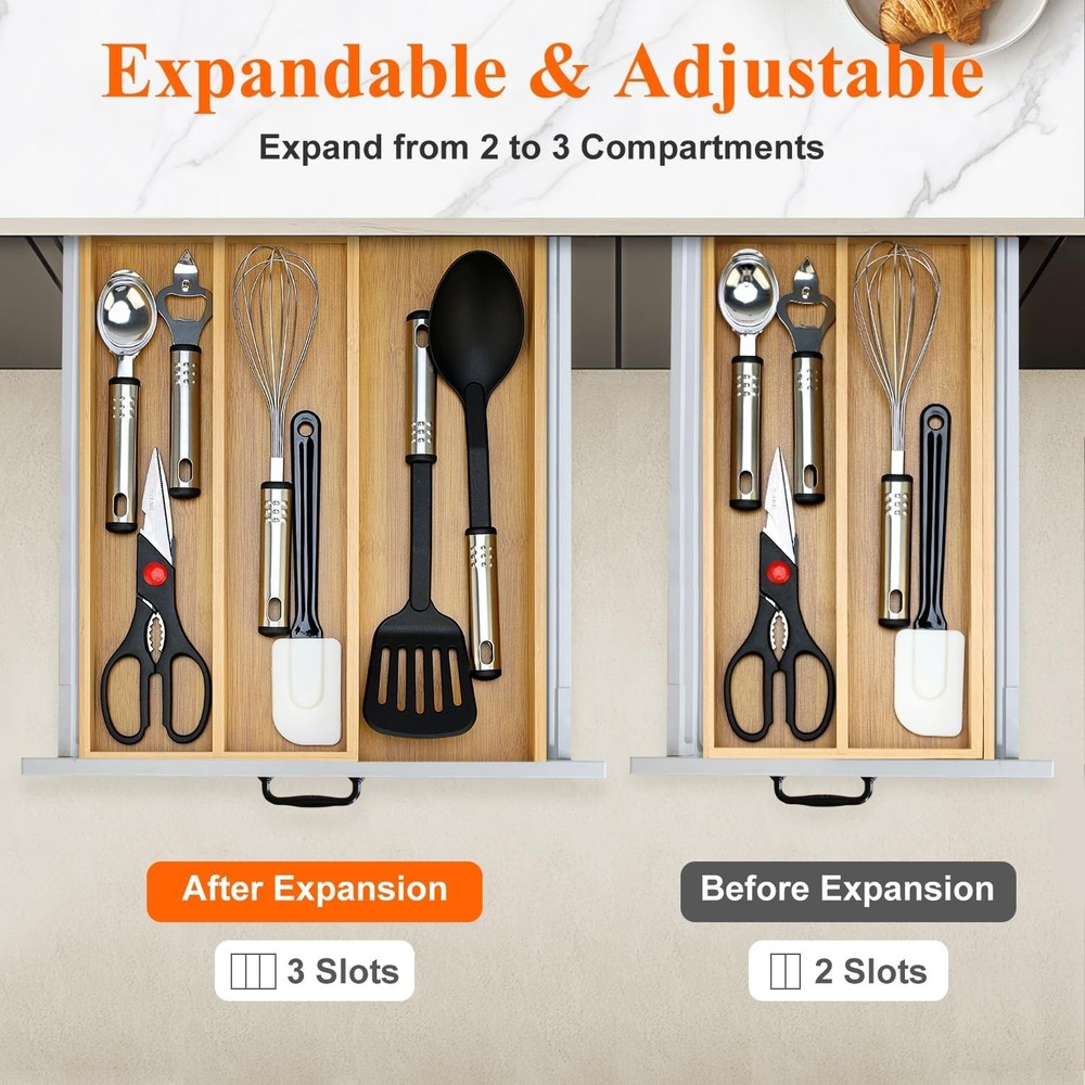 Large Bamboo Silverware Drawer Organizer Tray Kitchen Tool Drawer Divider Org...