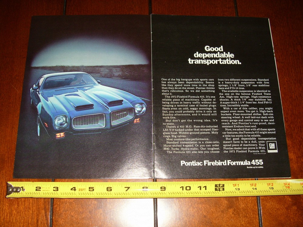 1972 PONTIAC FIREBIRD FORMULA - ORIGINAL 2 PAGE AD
