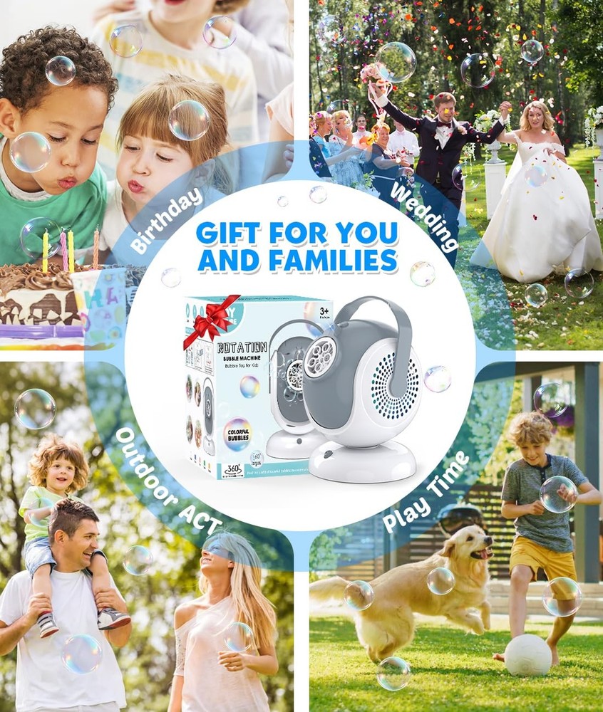 Bubble Machine - Automatic Bubbles Blower for Kids, Toddlers - 360° Rotation & 7