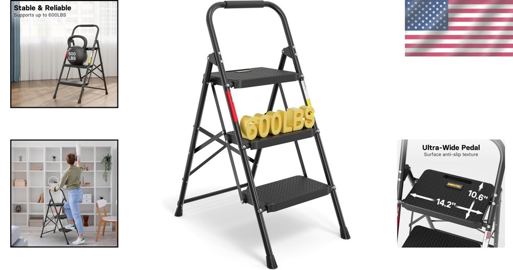 Non-Slip 3-Step Stool, 600lbs Capacity