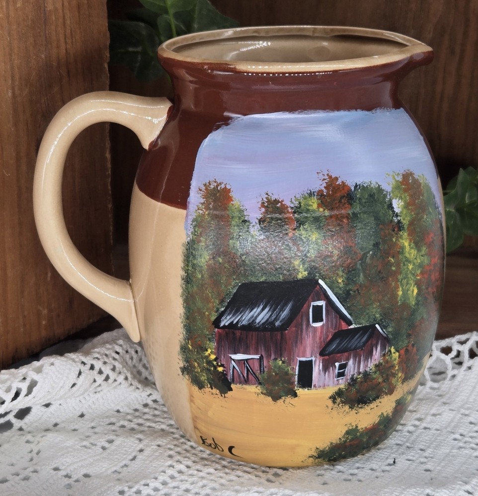 stoneware pitcher w/ fall barn (25163) hand painted