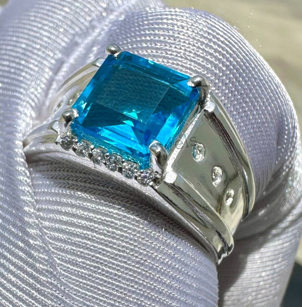 Blue Topaz Men's Ring Solid 925 Sterling Silver Statement Ring, All Size