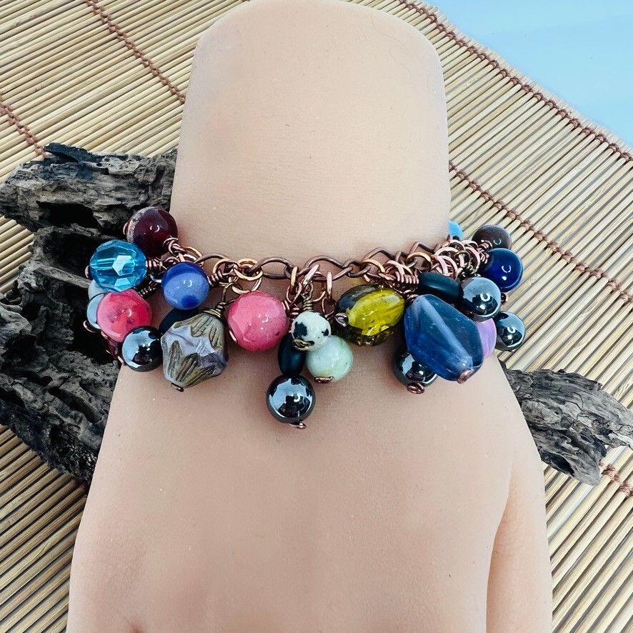 Gemstone Bead Copper Tone Elephant Closure Dangle Bracelet Boho MultiColor