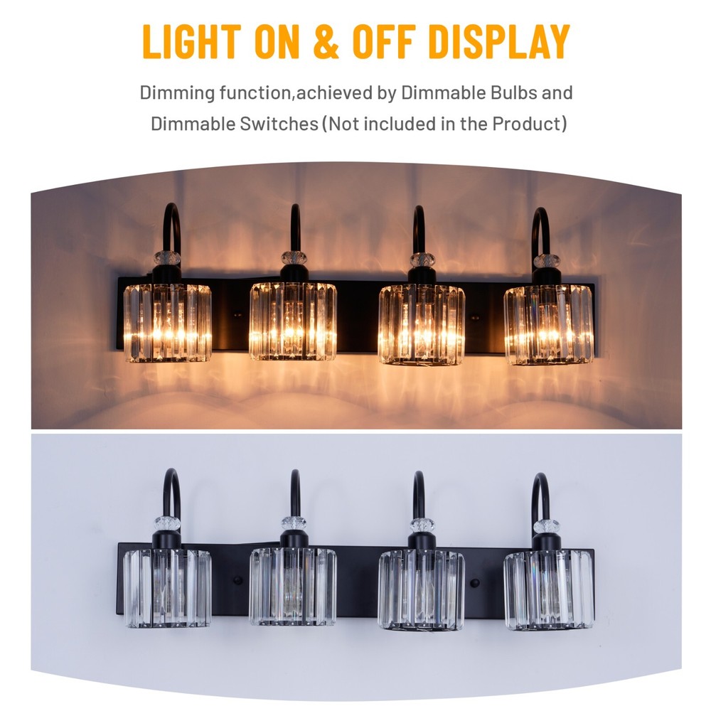31.5" 4-Light Black Crystal Vanity Light, E26 Base, Iron Frame, , No Bulbs