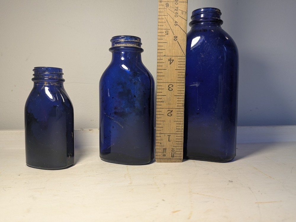 Three Vintage Blue Glass Bottle Small