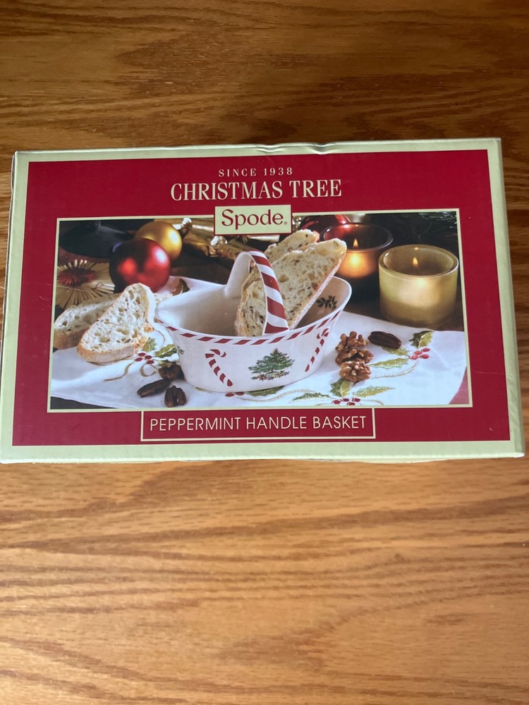 Spode Christmas Tree Peppermint Handle Basket Candy Dish 6.5" MINT IN BOX WOW