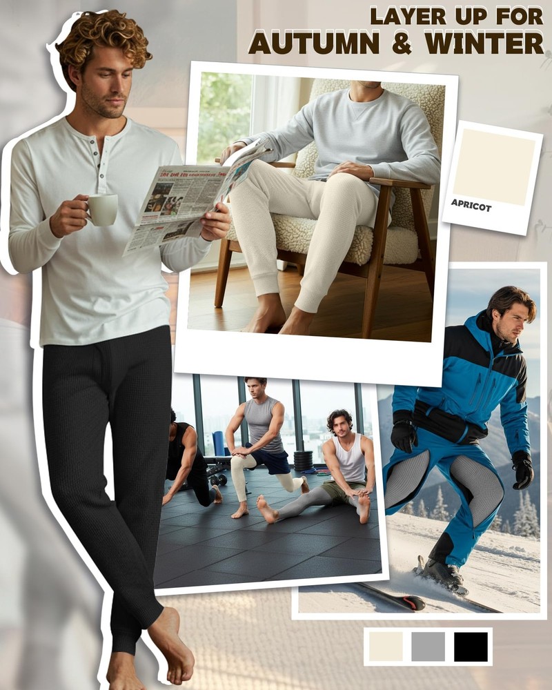 3 Pack Men's Waffle Thermal Bottom Long Underwear Johns Soft Base Layer(Black...