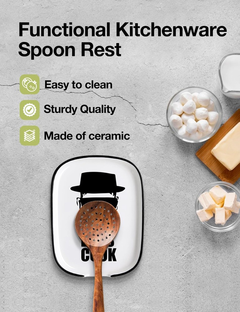 Funny Let's Cook Ceramic Patterned Fork Spoon Rest, White Counter Top Rest, H...